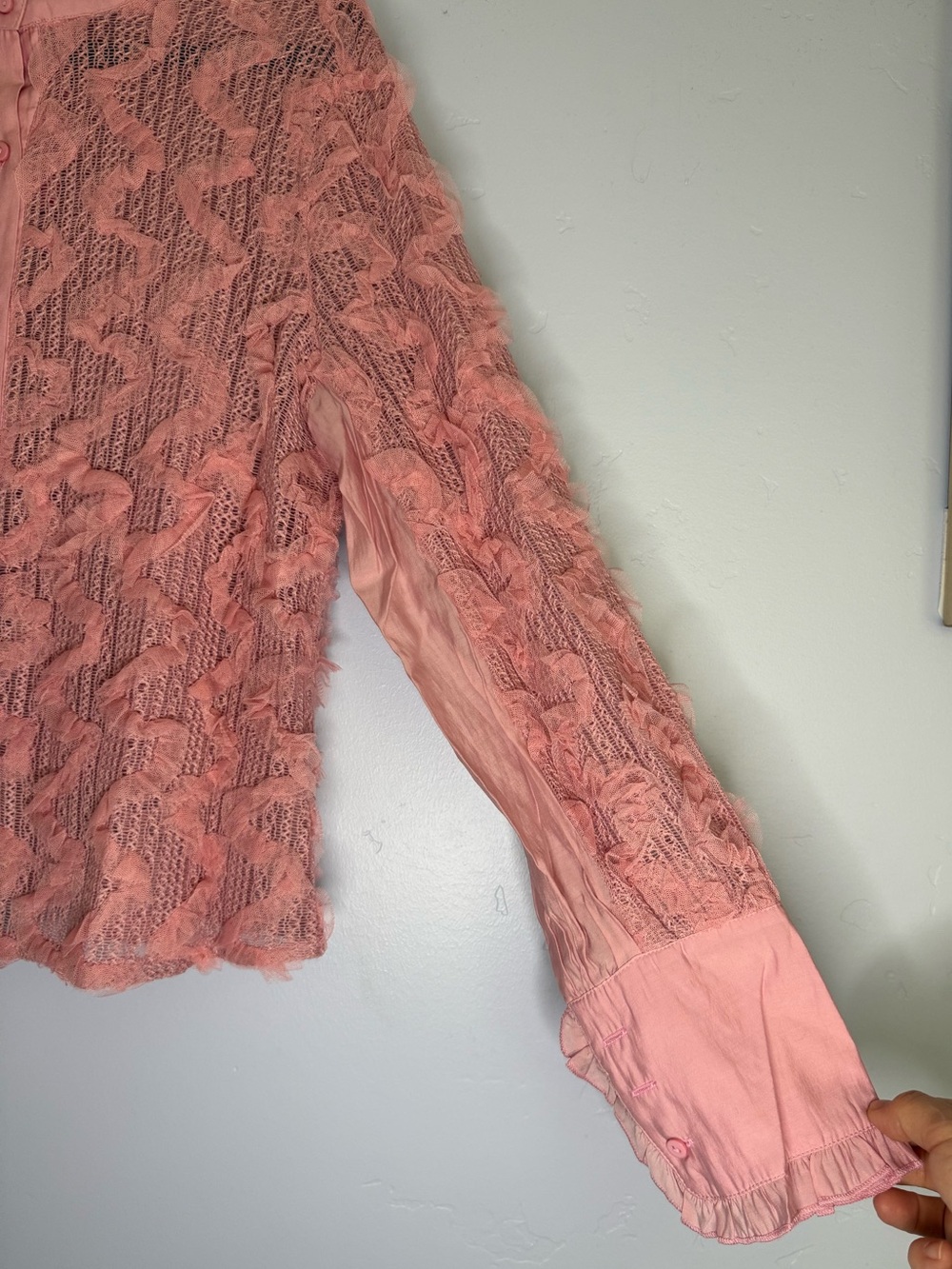 Pink Textured Ruffle Button-Front Blouse - Picture 3 of 7
